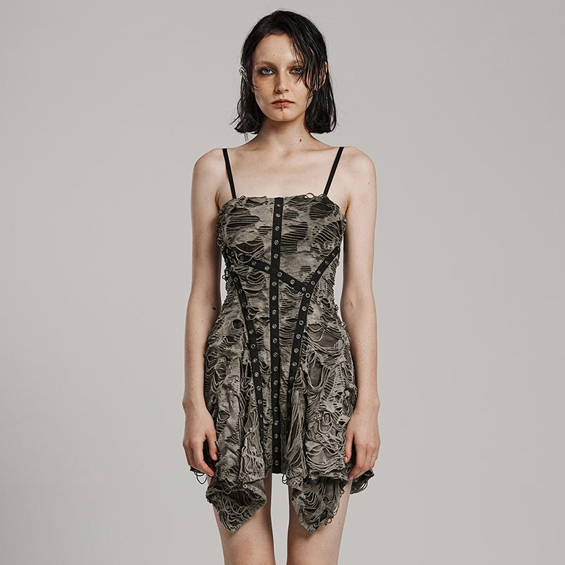 Punk Distressed Strap Slip Mini Dress
