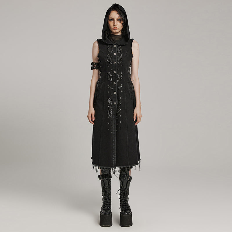 Grunge Sleeveless Lace-Up Hooded Dress