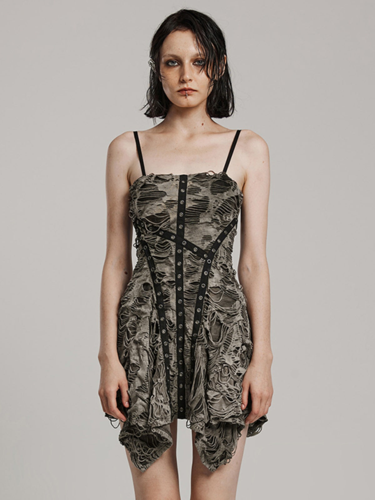 Punk Distressed Strap Slip Mini Dress