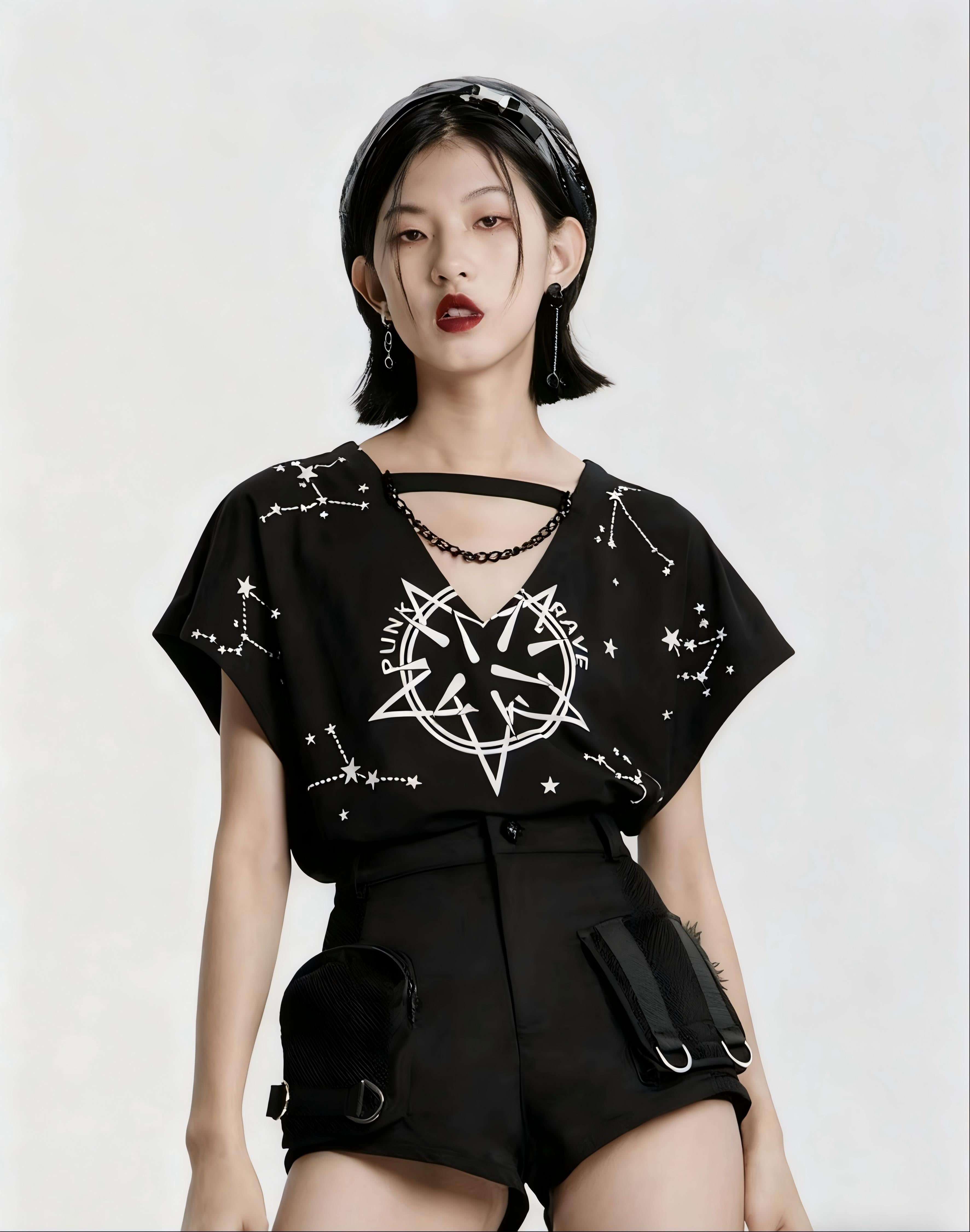 Black Punk V-Neck Loose Tee