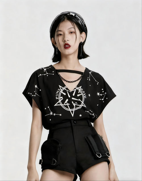 Black Punk V-Neck Loose Tee