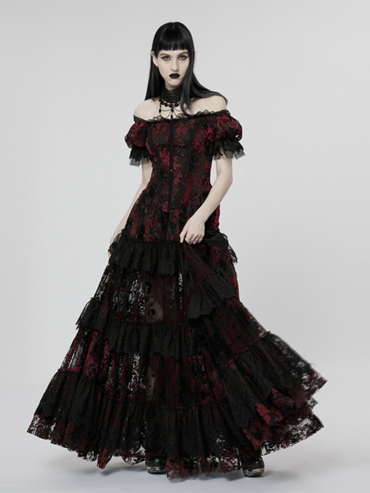 Velvet Print Lace Trim Gown