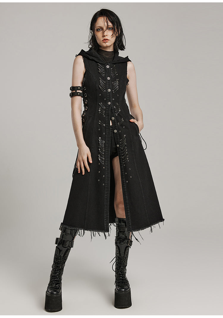 Grunge Sleeveless Lace-Up Hooded Dress