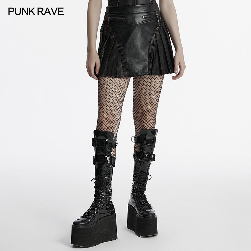 Punk pleated faux-leather mini skirt