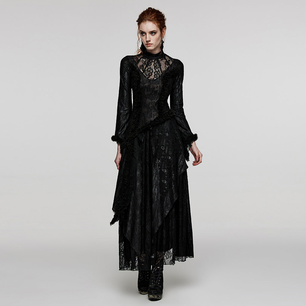 Lace Patchwork Long-Sleeve Maxi Dress