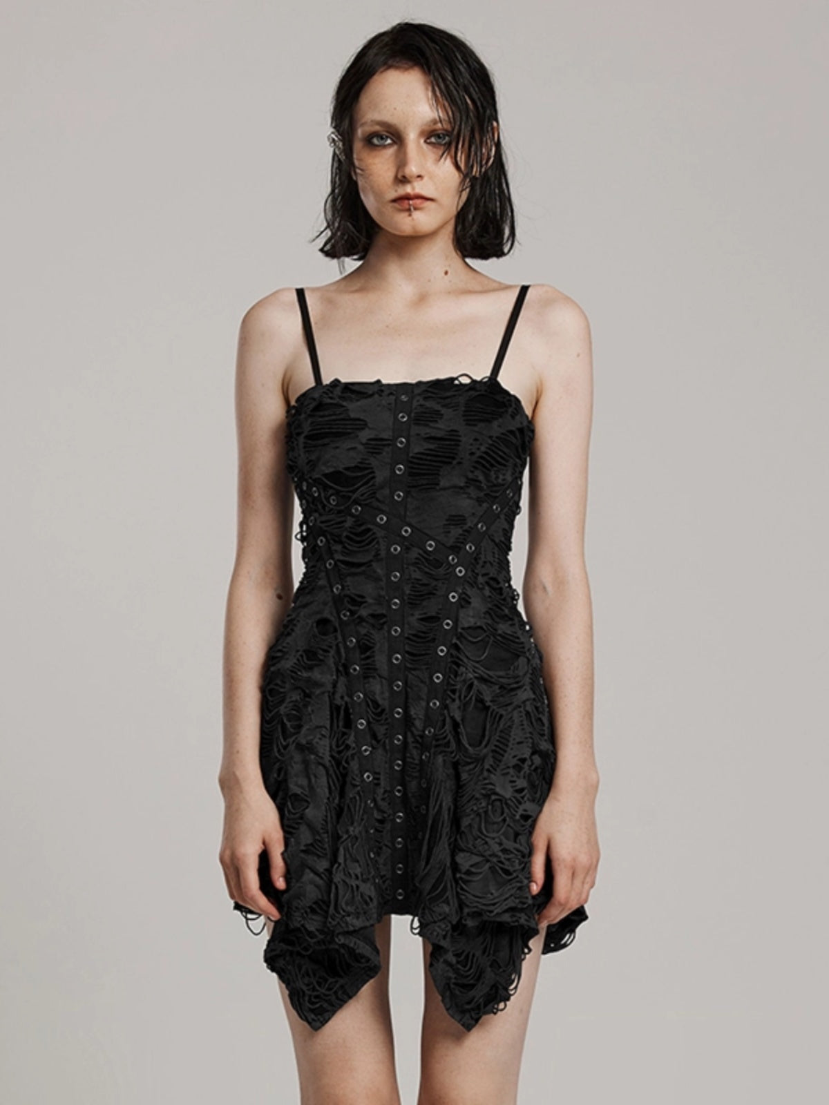 Punk Distressed Strap Slip Mini Dress