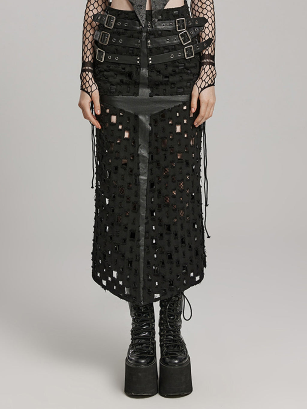 Cutout mesh distressed pencil skirt
