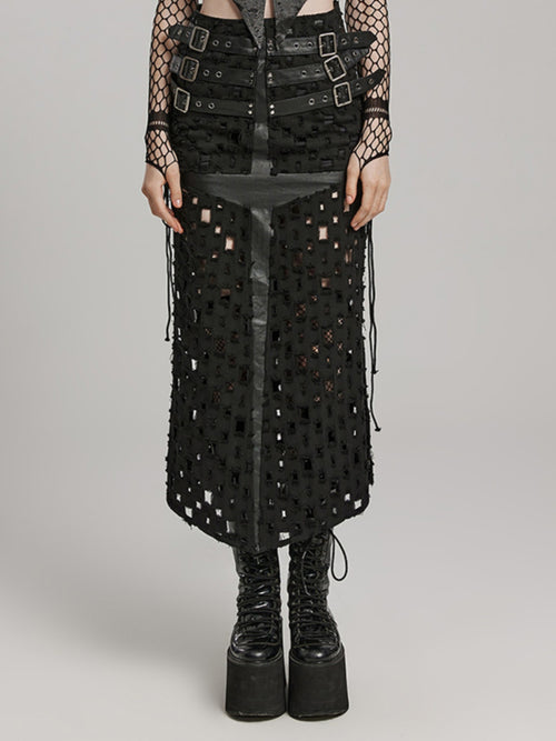 Cutout mesh distressed pencil skirt