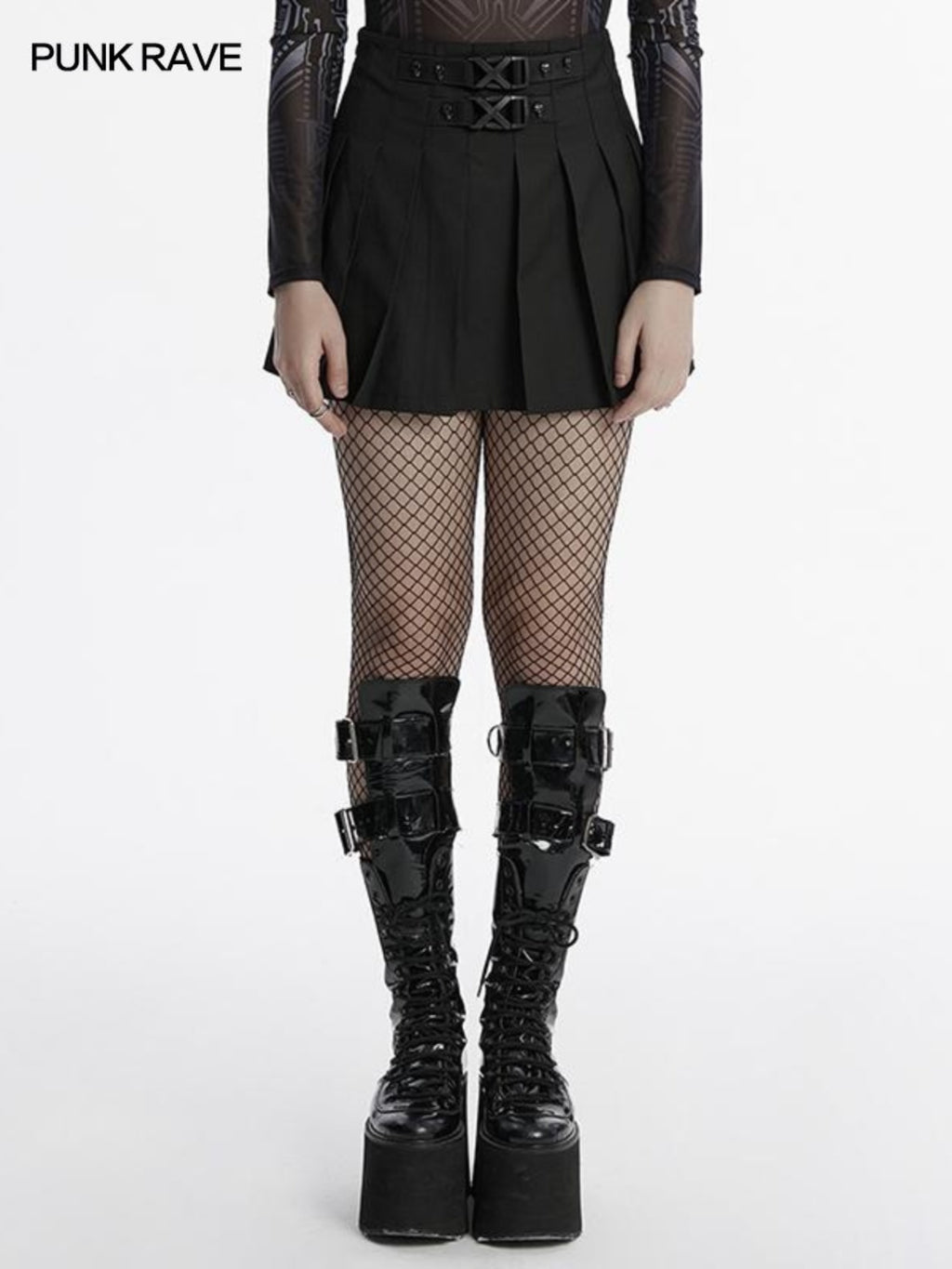 Punk buckle pleated A-line skirt