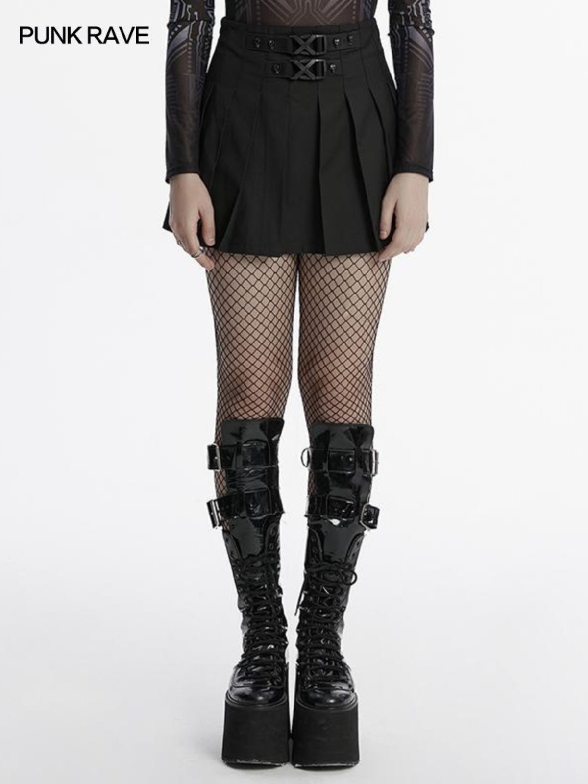 Punk buckle pleated A-line skirt