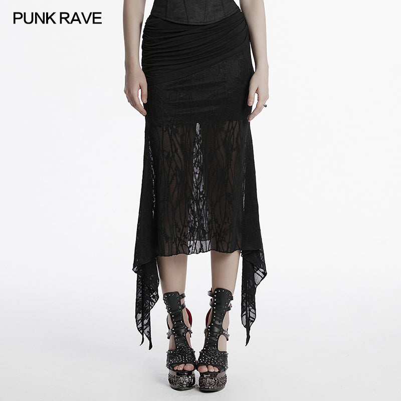 Dark fishtail mesh-panel pencil skirt