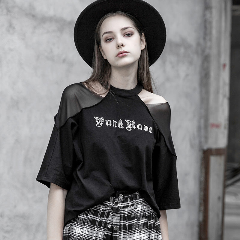 Cutout Mesh Shoulder Black Tee
