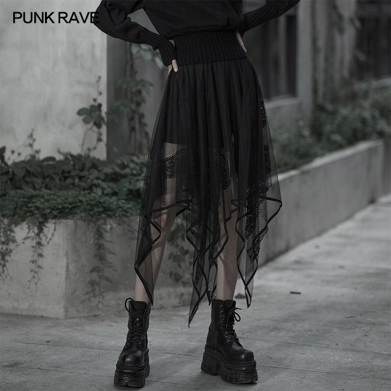 Dark lace-panel chiffon midi skirt