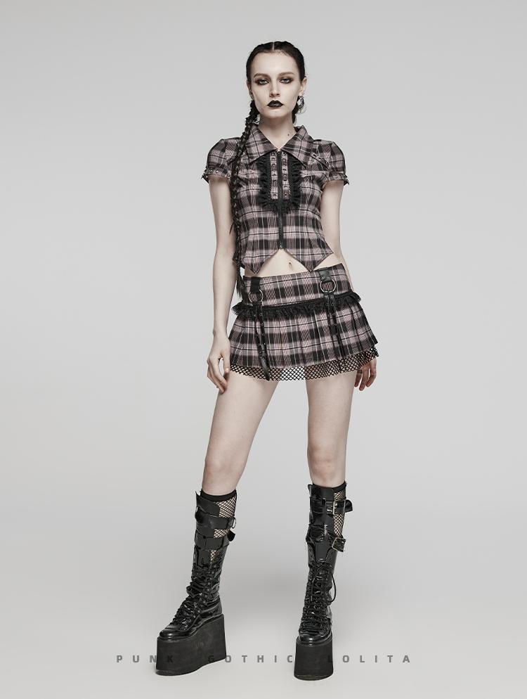 Punk plaid lace mini skirt