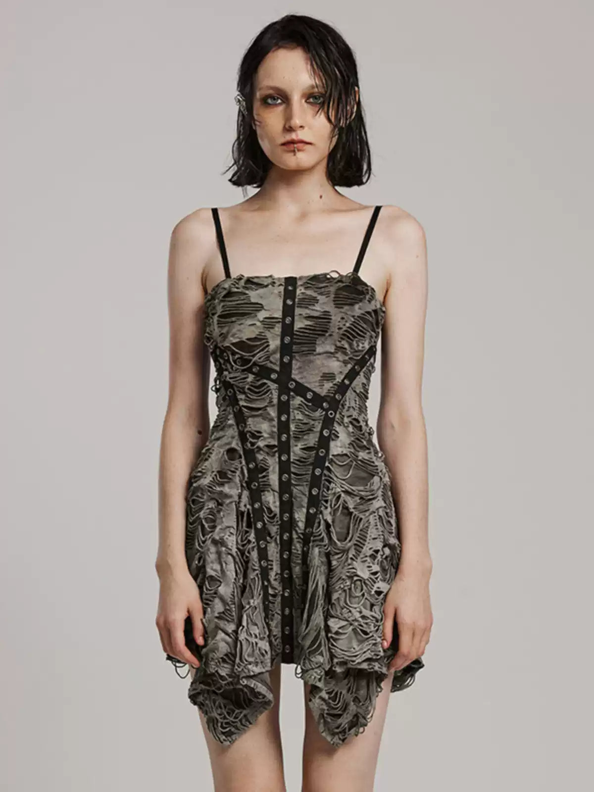 Punk Distressed Strap Slip Mini Dress