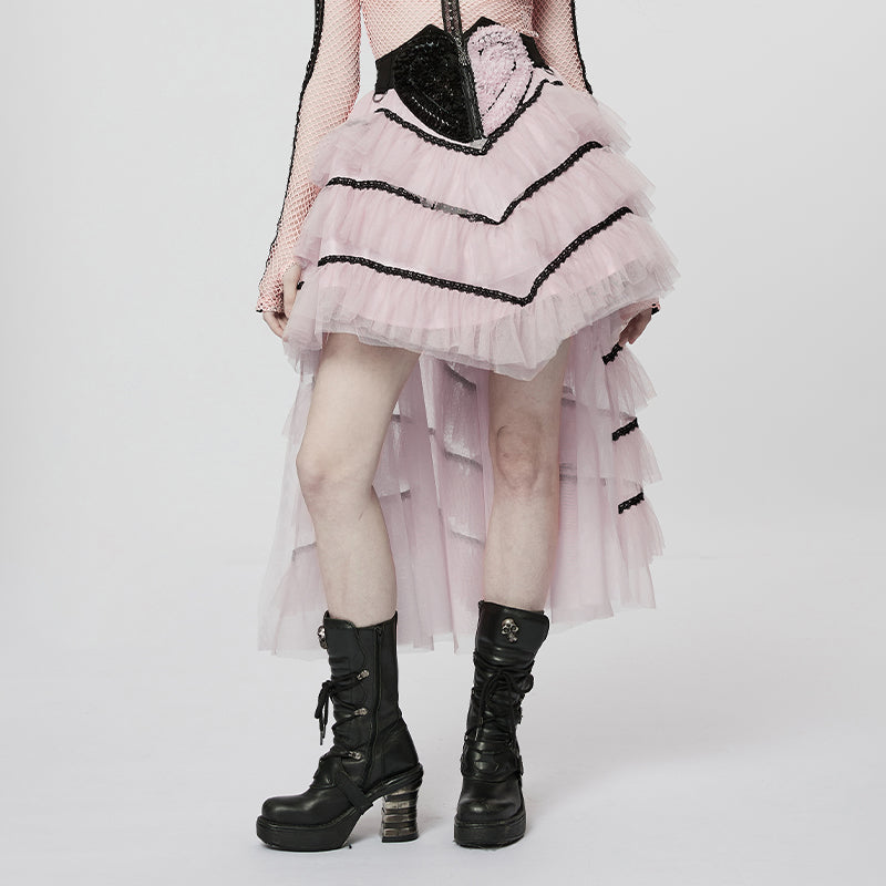 Pink ruffled mesh long skirt