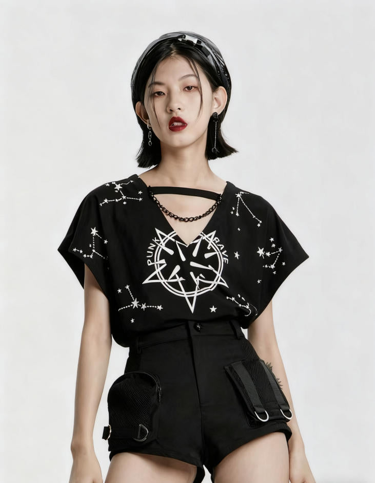 Black Punk V-Neck Loose Tee