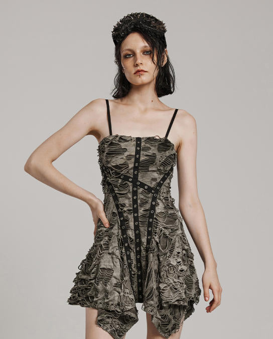 Punk Distressed Strap Slip Mini Dress